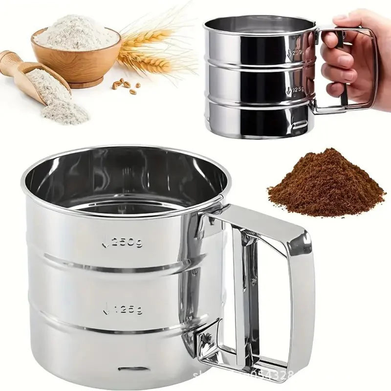 Stainless Steel Flour Sifter Powder Sieve Handheld Flour Sifter Powder Sieve Cup Double-Layer Hand Filter Powder Sieve Hand-Cran