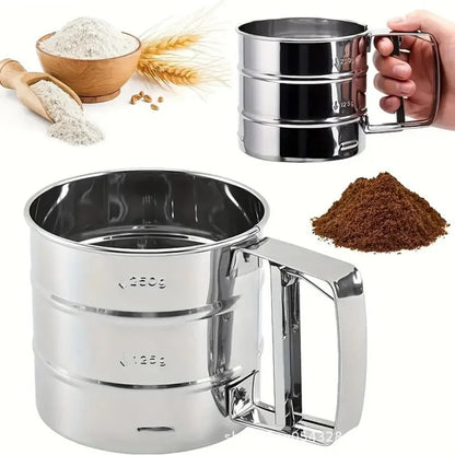 Stainless Steel Flour Sifter Powder Sieve Handheld Flour Sifter Powder Sieve Cup Double-Layer Hand Filter Powder Sieve Hand-Cran