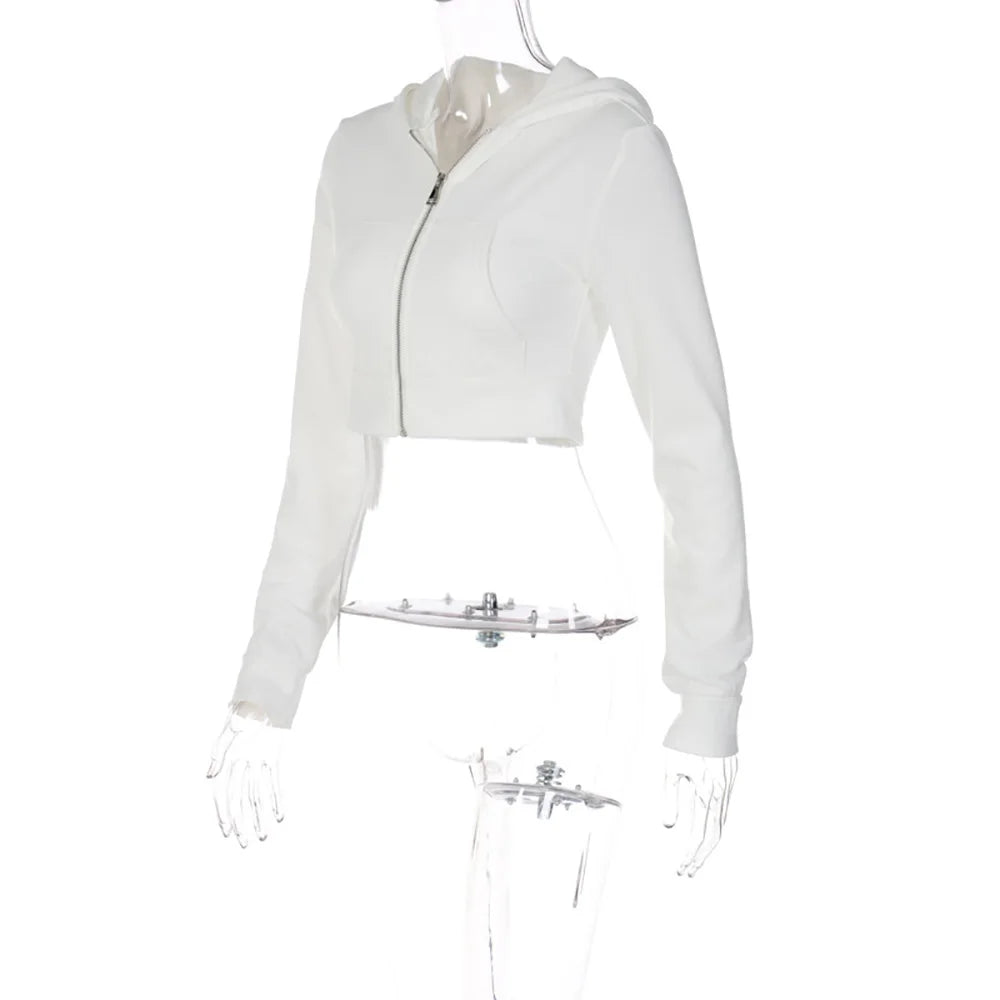 ALLNeon Y2K Aesthetic Vintage Basic Zip Up White Cropped Hoodies 2000s Fashion Big Pockets Front Hooded Long Sleeve Sweats Cute