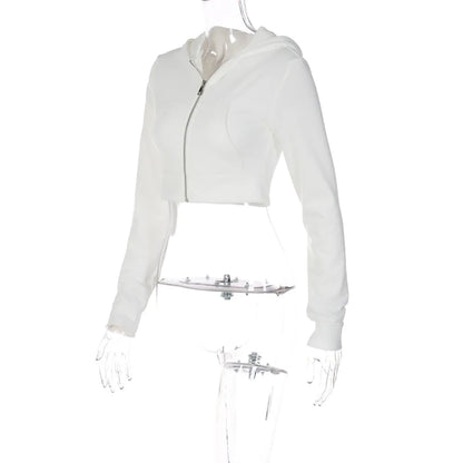 ALLNeon Y2K Aesthetic Vintage Basic Zip Up White Cropped Hoodies 2000s Fashion Big Pockets Front Hooded Long Sleeve Sweats Cute