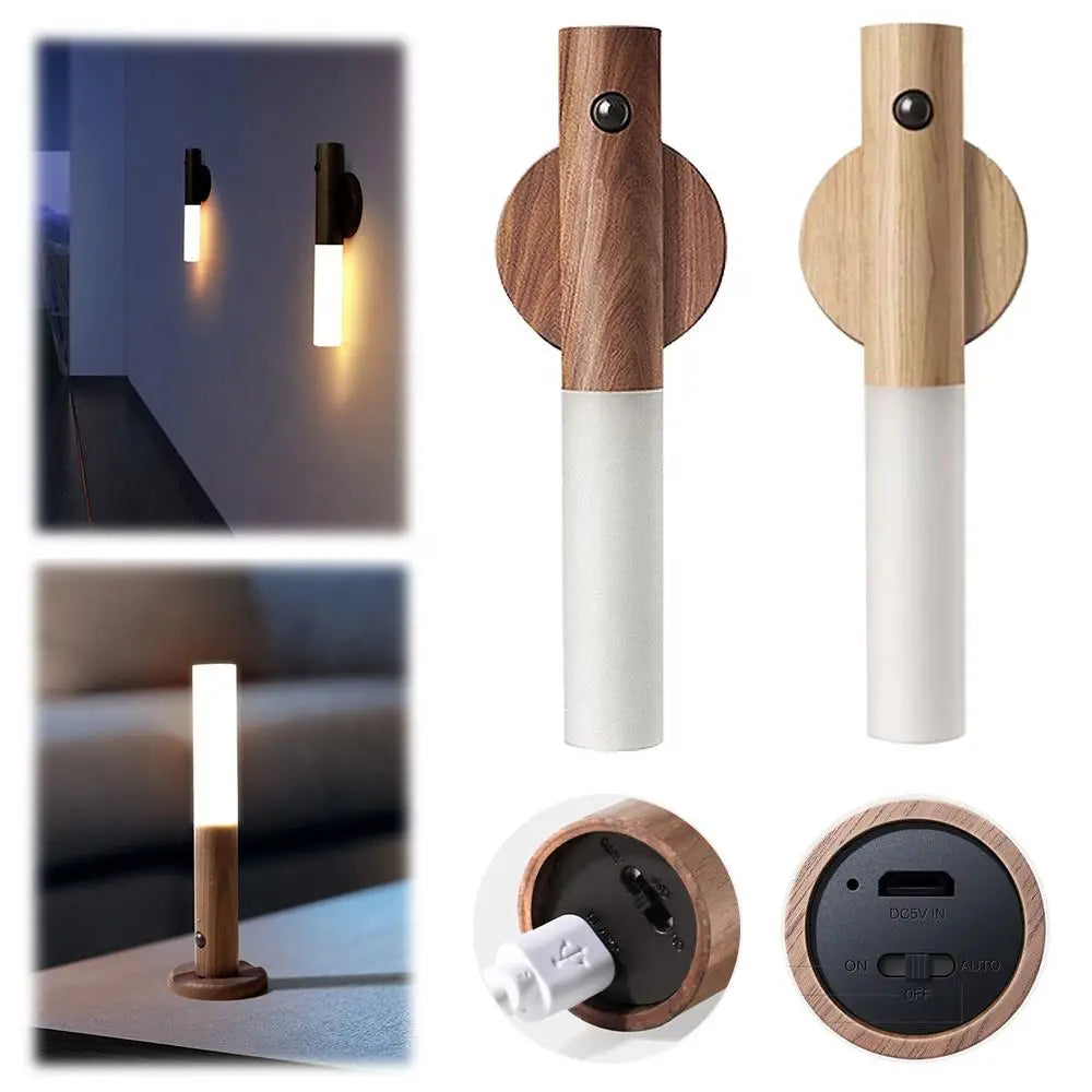 Luz LED de pared portátil e inteligente para interiores, luz nocturna para pasillo, carga USB, sensor de movimiento con grano de madera, activación por inducción