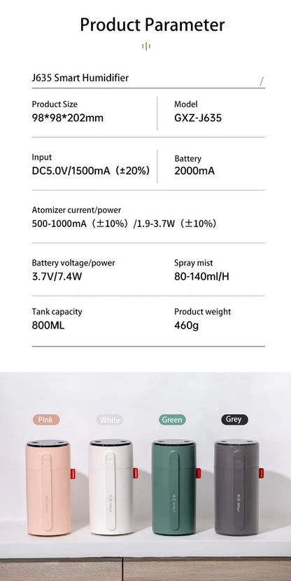 800ML Smart Induction Air Humidifier 2000mAh Battery USB Rechargeable Essential Oil Diffuser Air Humidifier for Home Car