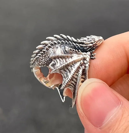 Retro Silver Color Winged Dragon Ring Symbolizes Power, Domineering and Adjustable Opening Ring, Jewelry Accessory Gift