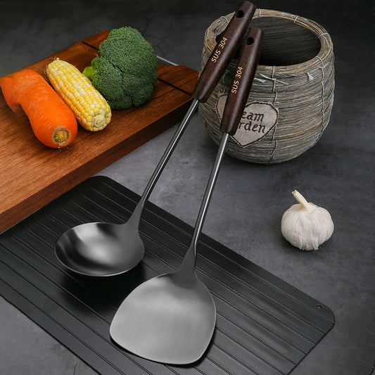 1 espátula de madera de acero inoxidable 304, utensilios de cocina, accesorios de cocina para el hogar, cuchara ranurada, artilugios de cocina de metal