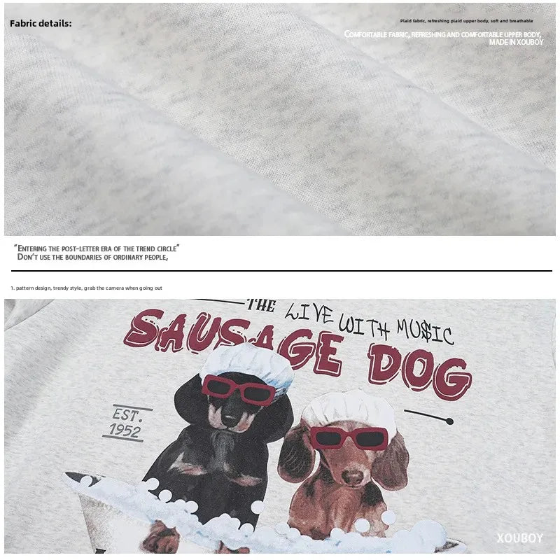 Vintage American Style Men's Creative Cool Dog Print Loose Fit Grey Fleece Lined Hooded Sweatshirt Couple Model Casual Wear