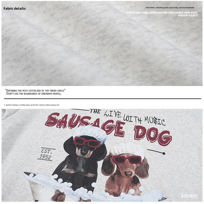 Vintage American Style Men's Creative Cool Dog Print Loose Fit Grey Fleece Lined Hooded Sweatshirt Couple Model Casual Wear