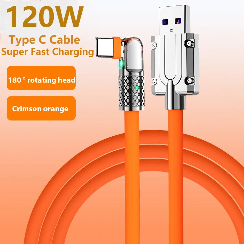 5A Super Fast Charge Type C Cable 180° Degree Rotation Elbow Cable for Xiaomi Samsung Phone Charger Liquid Silicone USB C Cable
