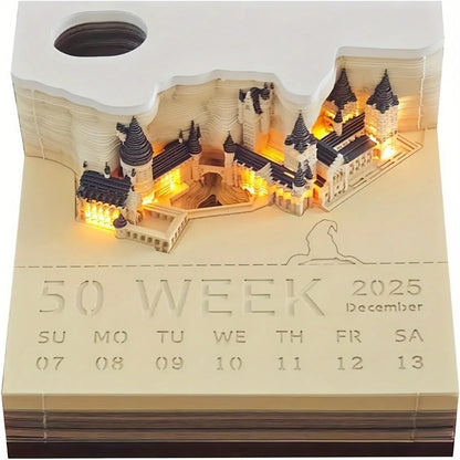 2025 3D Castle Paper Sculpture Desk Calendar Magic Castle Memo Pad Tear-Away Notepad DIY Craft Gifts for Home Office School