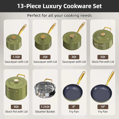Nuwave Lux LE 13-Pc Cookware Set with Elegant Gold Handle Diamond Infused Ceramic Non-Stick PFAS Free Premium Metal Lids Avocado