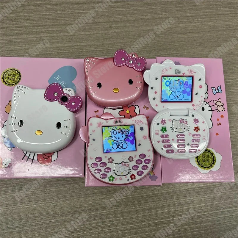 2024 New Product In Stock Cartoon Cute San Liou Kitty Flip Phone White Pink Mini Phone Children's Fashion Model Toy Youth Gift