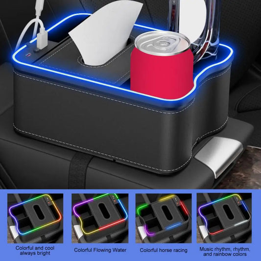 Car Console Side Organizer Car Armrest Tray Car Armrest Storage Box with Charging Ports Multi-mode Led Lights for Capacity