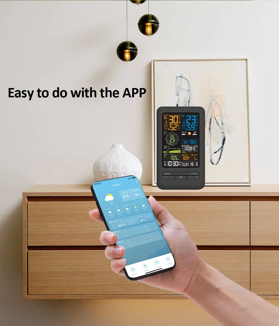 Smart WiFi Weather Station Digital Clock Wind Speed Direction Rainfall Light Index Air Quality Temperature Humidity Monitor