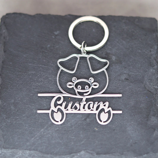 Stainless Steel Cute Pig Engrave Name Customized Keychain Men Keyring Pendant Keyring Cartoon Jewelry Animal Gift For Women