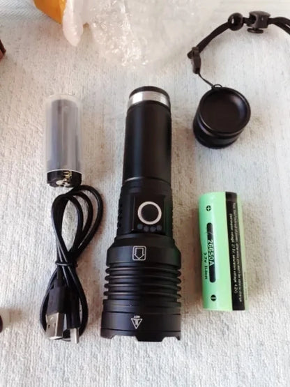 Linterna LED de alta potencia XHP 120, linterna con batería 18650 26650, recargable por USB, con zoom, para emergencias, acampadas al aire libre y pesca