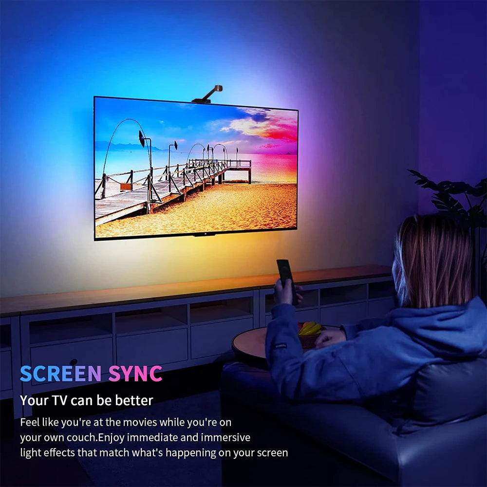 TV LED Backlight with AR Camera Color Gamut Sensor RGBIC Light Music Sync Strip For 55-85 Inch Monitors Light linkage Ambilight
