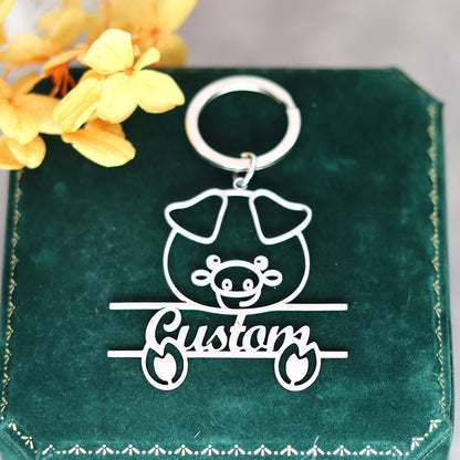 Stainless Steel Cute Pig Engrave Name Customized Keychain Men Keyring Pendant Keyring Cartoon Jewelry Animal Gift For Women