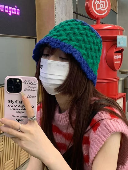 2022 New Korean-Japanese Hand Buckle Crochet Bucket Hat Spring and Autumn Winter Sun Hat Female Cherry Designer Bob Basin Hat