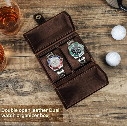 Retro Luxury Genuine Leather 2 Slots Watch Roll Case Travel Portable Organizer Display Storage Box with Pillow Handmade Gifts
