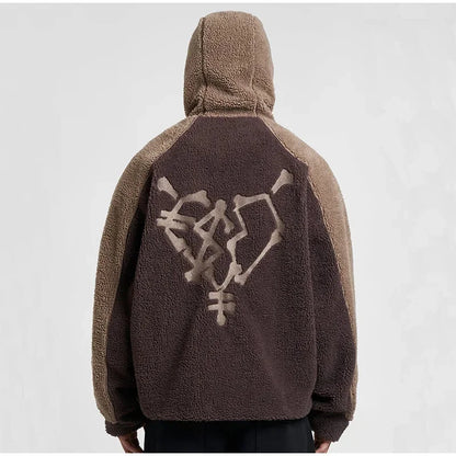 Autumn Winter Lamb Wool Fashion Loose Men's Jacket Contrast Patchwork Hooded Zipper Coat Plush Thicking Warm Couple Clothing