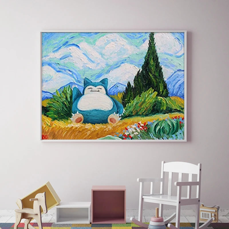 Pokemon Snorlax Van Gogh Print Wall Art Canvas Painting Poster Nursery Pokemon Snorlax Oil Picture Modern Living Room Decor
