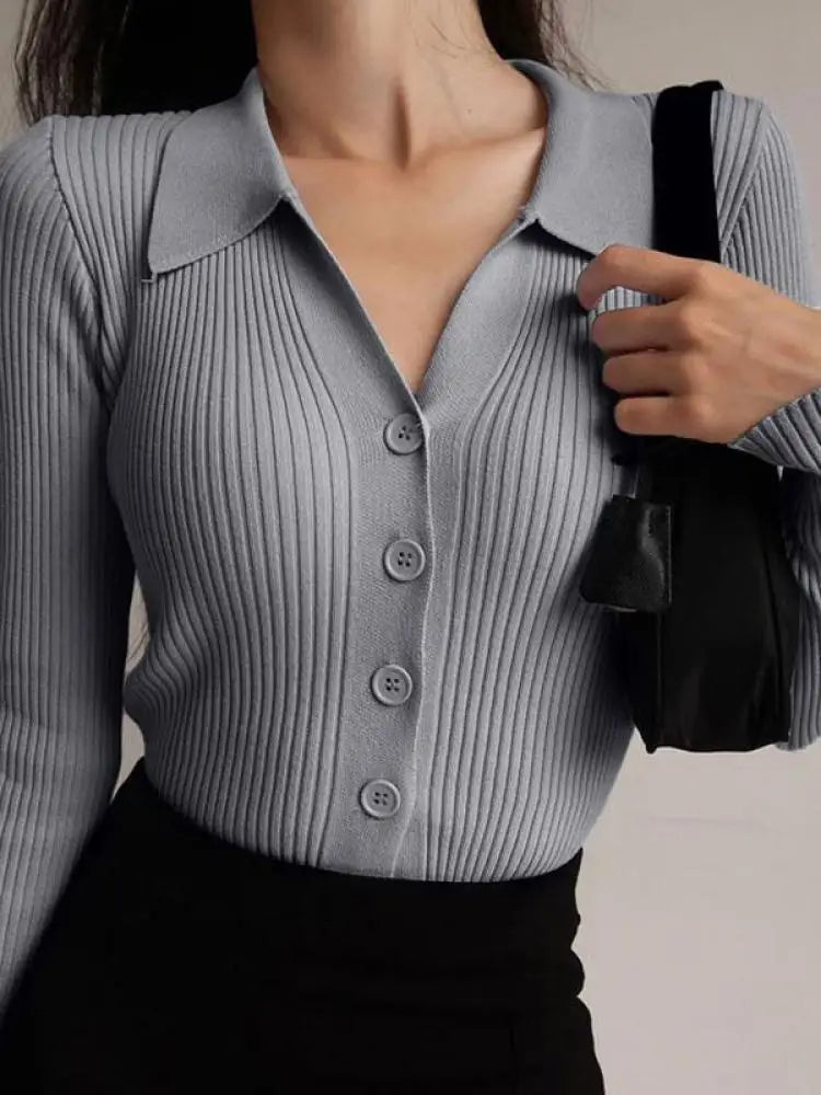 AOSSVIAO 2024 Ladies Buttons Sexy V Neck Long Sleeve POLO Neck Knit Cardigan Sweater Women Lapel Slim Tops