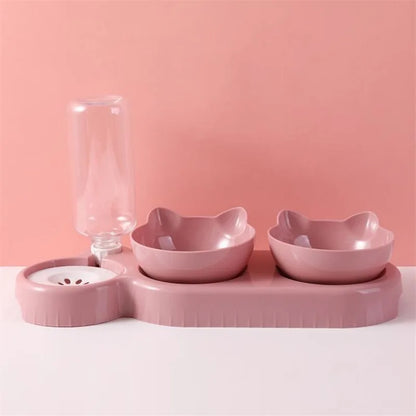 Triple Cat Bowls Pet Feeder, 2-in-1 Double Bowls with Automatic Drinking Bottle, Tilted and Rotatable Design for Cats and Dogs