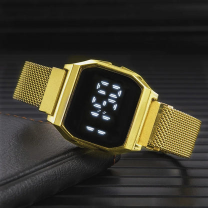 Simple Square LED Watch for Men Women Luxury Gold Men's Digital Watch Metal Mesh Strap Fashion Mens Electronic Watch Male Clock