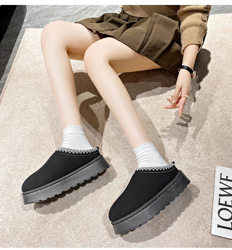 2024 Winter New Snow Boots for Women Cashmere Warm Thick Soles Without Heel-covered Hair Half Slipper Cotton Shoes for Women