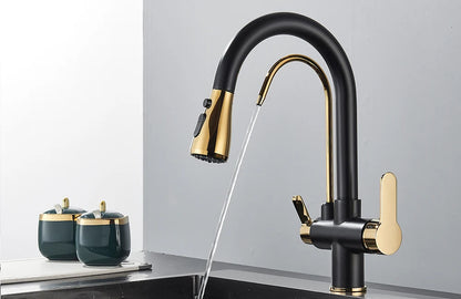 Grifo de cocina con filtro negro extraíble con rotación de 360 ​​grados y grifo mezclador de fregadero de tres vías