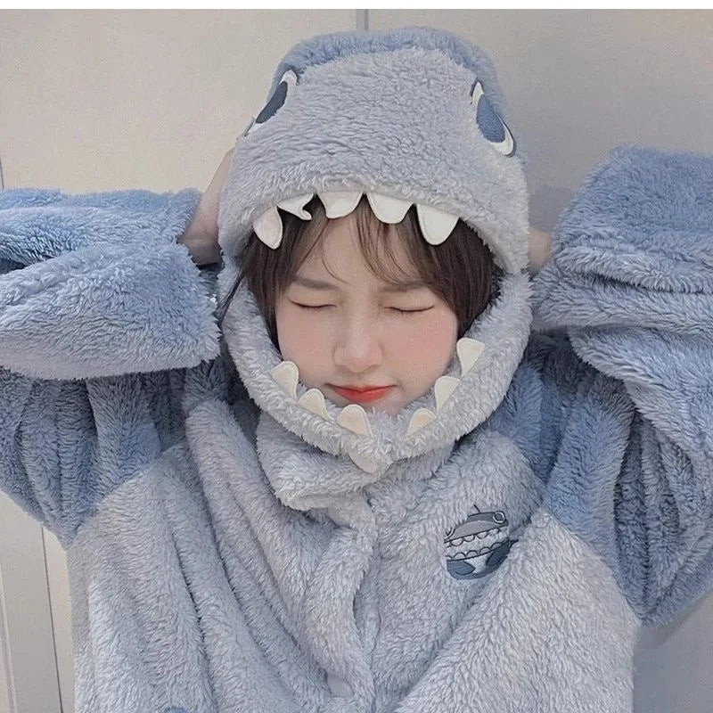 Shark Costume Blue Flannel Pajamas Set With Pants Unisex Women Men Nightgown Two Pieces Set Warm Coral Fleece Sleepwear PJS Set