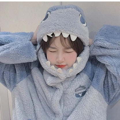 Shark Costume Blue Flannel Pajamas Set With Pants Unisex Women Men Nightgown Two Pieces Set Warm Coral Fleece Sleepwear PJS Set