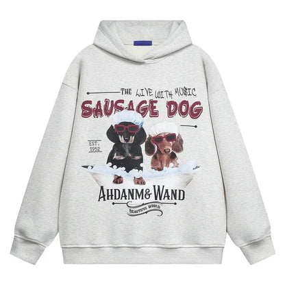 Vintage American Style Men's Creative Cool Dog Print Loose Fit Grey Fleece Lined Hooded Sweatshirt Couple Model Casual Wear