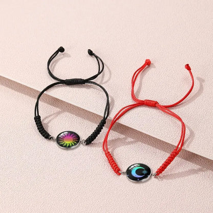 2Pcs Romantic Couple Bracelet Stainless Steel New Sun and Moon Lovers Charm Bracelet Glow in The Dark Adjustable Woven Bracelet