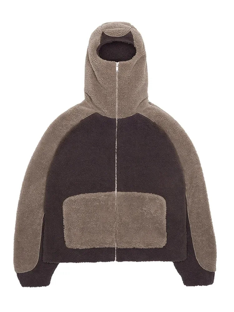 Autumn Winter Lamb Wool Fashion Loose Men's Jacket Contrast Patchwork Hooded Zipper Coat Plush Thicking Warm Couple Clothing