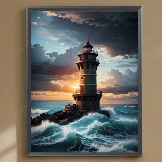 5D DIY Full Round Drill Diamond Painting Seaside Lighthouse Home Decor 30x40cm
