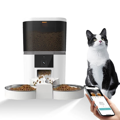Comedero automático para gatos de 4 l, comedero inteligente para mascotas, dispensador de comida para gatos y perros pequeños con cámara grabadora, temporizador cuantitativo, cuenco doble