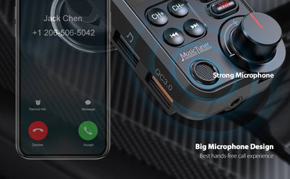 Transmetteur FM Bluetooth sans fil pour voiture de 1,8 pouces, prise en charge auxiliaire, chargement QC3.0, son aigu et grave, lecteur de musique