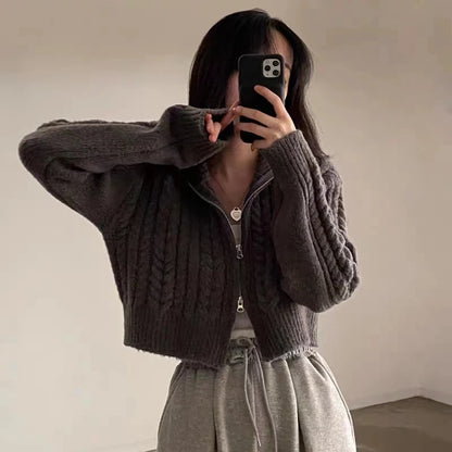 Twists Knit Short Coat Long Sleeve Zipper Sweater Casual Women Cardigan Vintage Winter Korean Chic Elegant 2024 Lady Trend Top