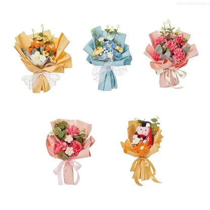 Artificial Flower Bouquets for Valentines Day, Mother Day, Crochet Flower Bouquets with Bear for Graduation Ceremony F0T4