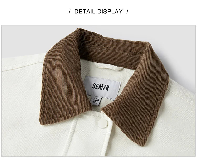 Semir Coat Women Medium Length Color-Blocking Corduroy Collar Retro 2024 New Autumn Embroidery Loose Fashion Jacket