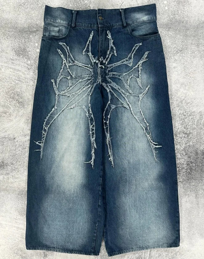 American retro high street design hip-hop trend loose straight wide-leg pants brushed patch washed distressed casual jeans