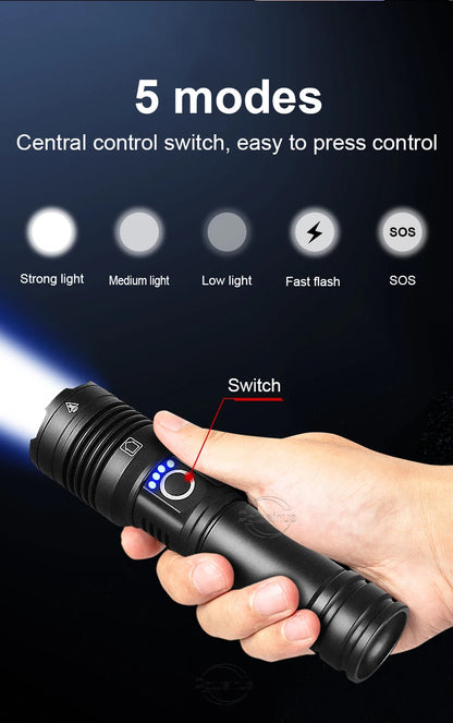 Linterna LED de alta potencia XHP 120, linterna con batería 18650 26650, recargable por USB, con zoom, para emergencias, acampadas al aire libre y pesca