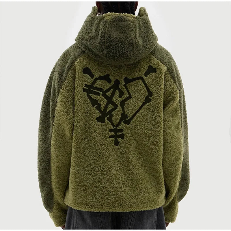 Autumn Winter Lamb Wool Fashion Loose Men's Jacket Contrast Patchwork Hooded Zipper Coat Plush Thicking Warm Couple Clothing