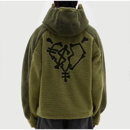 Autumn Winter Lamb Wool Fashion Loose Men's Jacket Contrast Patchwork Hooded Zipper Coat Plush Thicking Warm Couple Clothing