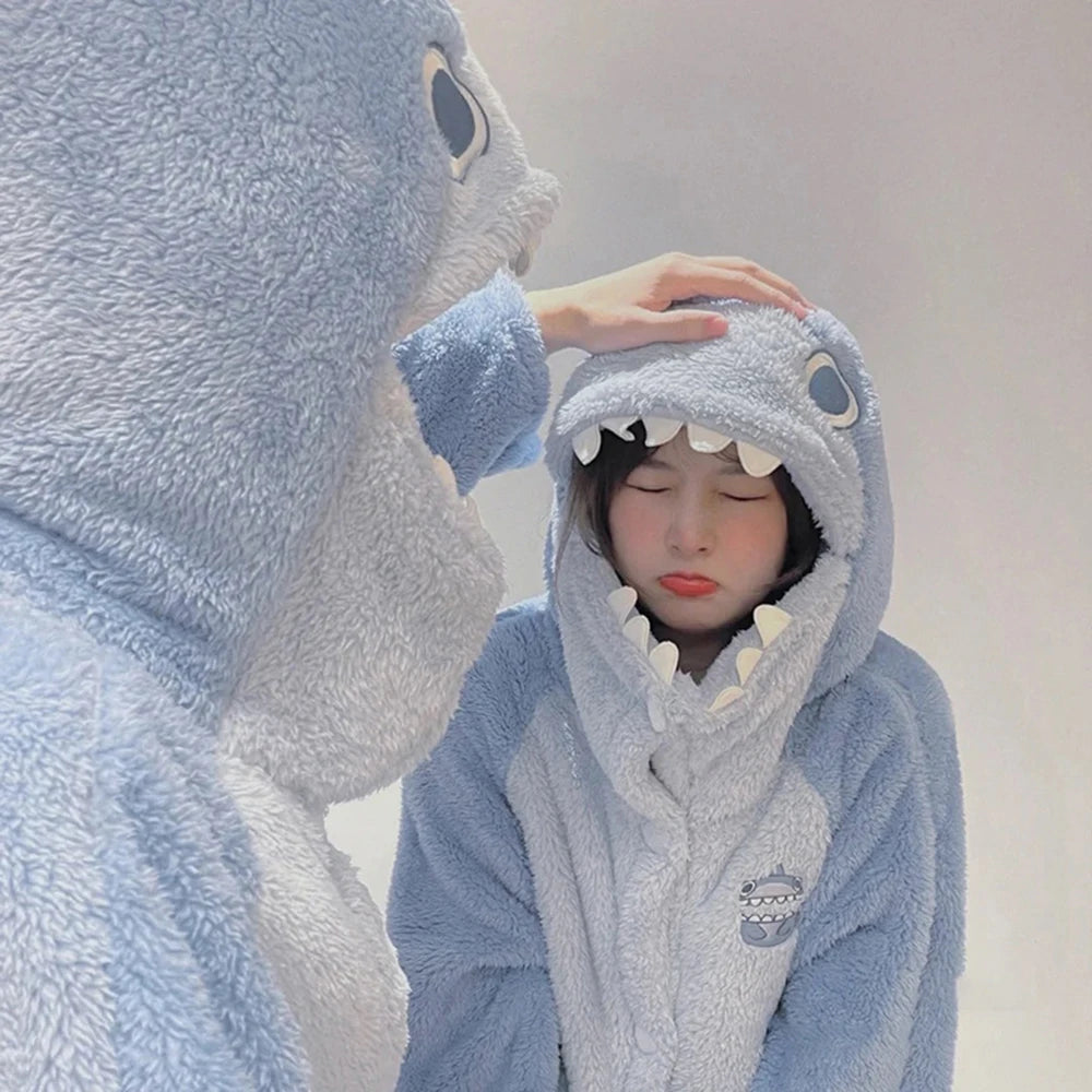 Shark Costume Blue Flannel Pajamas Set With Pants Unisex Women Men Nightgown Two Pieces Set Warm Coral Fleece Sleepwear PJS Set