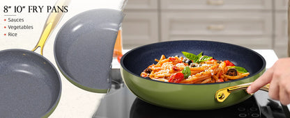 Nuwave Lux LE 13-Pc Cookware Set with Elegant Gold Handle Diamond Infused Ceramic Non-Stick PFAS Free Premium Metal Lids Avocado