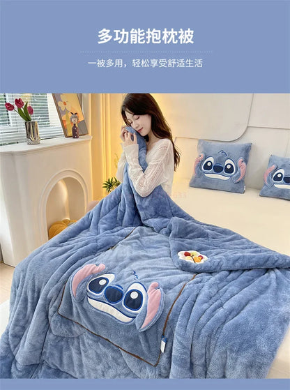 Stitch Disney Throw Pillow Blankets Two In One Kawaii Flannel Pillow Thickened Nap Blanket Living Room Cute Decoration Bedroom