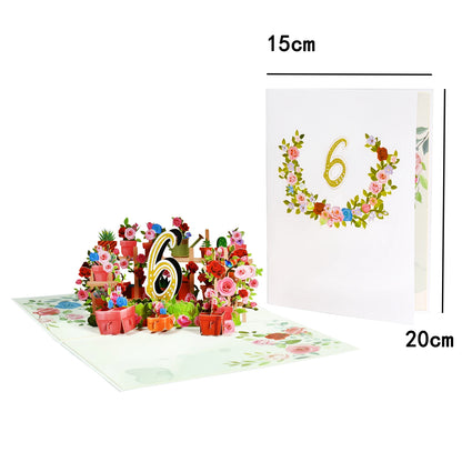 Tarjeta de aniversario emergente con números 1, 10, 28, 21 y 30 en 3D para cumpleaños, bodas