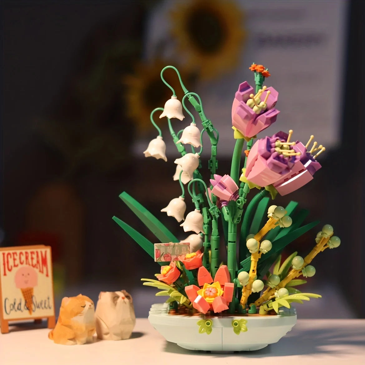 Self-assembling building blocks eternal life fragrant spring potted flower bouquet tide play girl series table decoration small