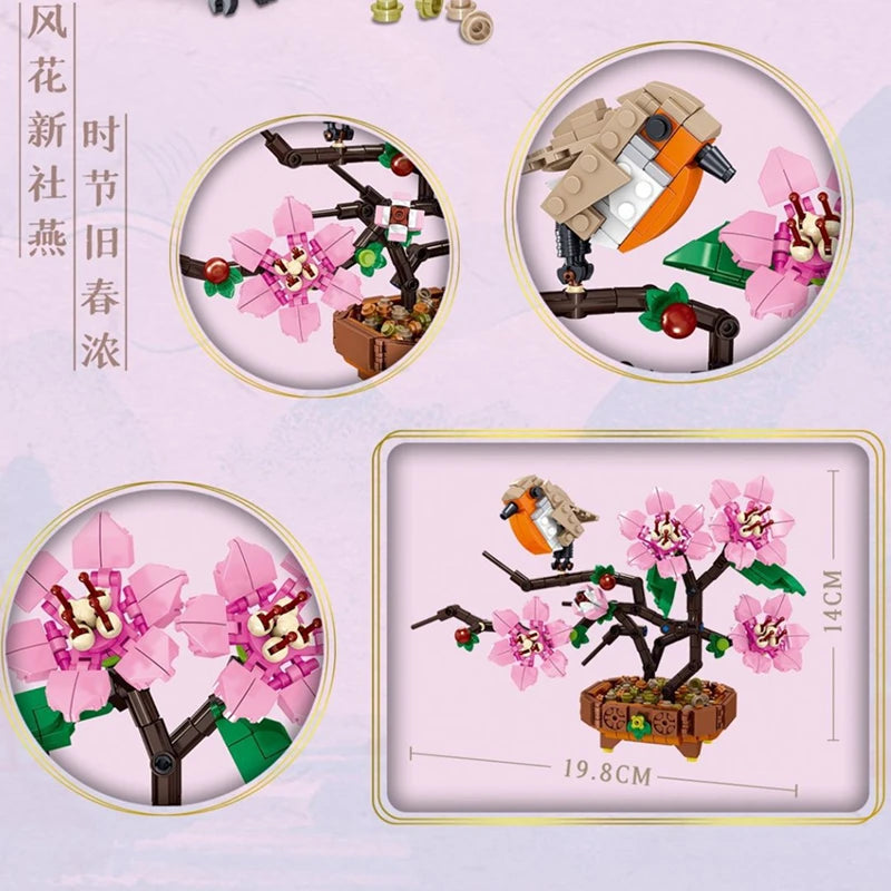 Peach Blossom Romantic Flower Vase Garden Birds Potted Plants Assembly MOC Building Blocks Classic Model Bricks Sets Kids Gifts